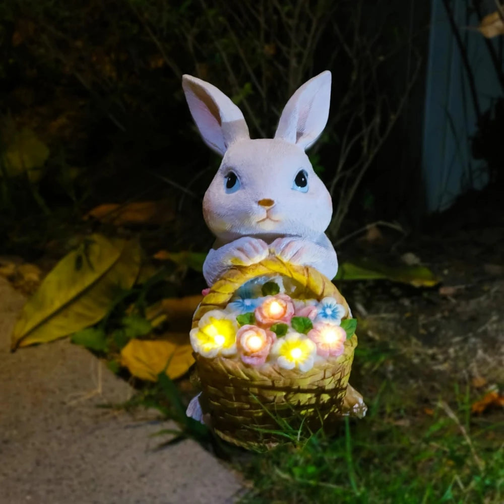 Solar Rabbit Garden Statue with LED Light – Bunny & Flower Outdoor Décor