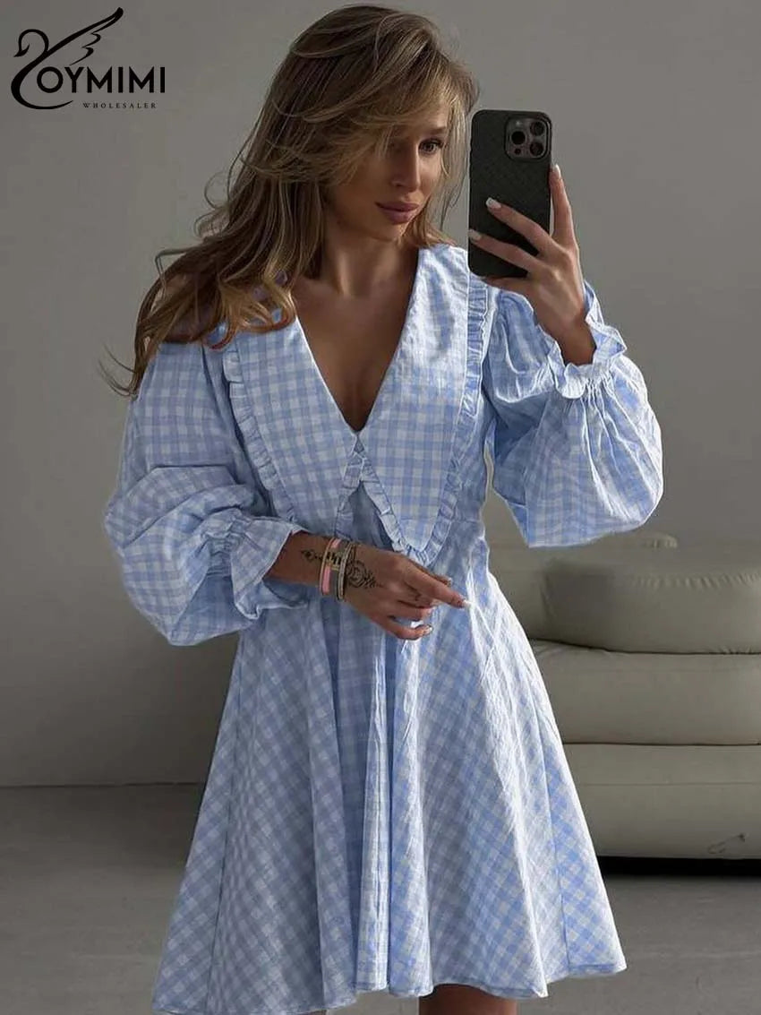 Robe Mini Femme Imprimée – Col V, Manches Longues, Coupe Large, Style Streetwear