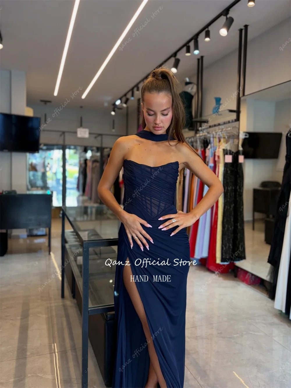 Qanz Nave bleu Robes De Soirée sirène haute fente latérale en mousseline De soie Robes De Soirée dos nu Corset élégant fête femmes personnalisé