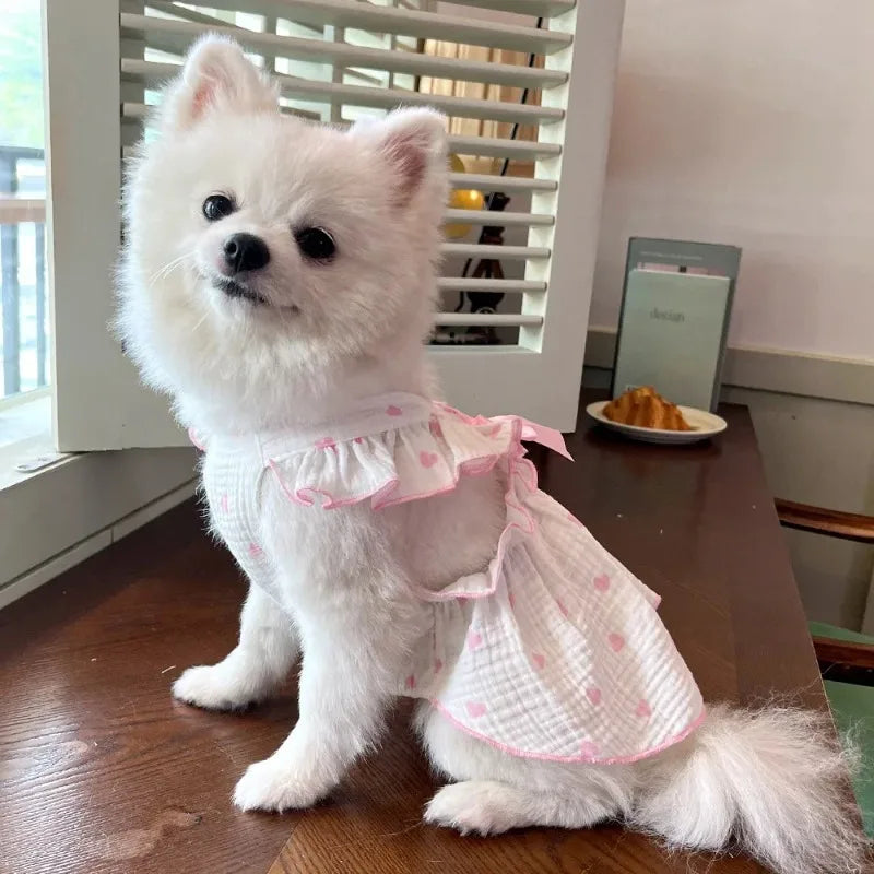 Heart Print Dog Dress with Bow – Cute Summer Princess Outfit for Small Dogs & Cats