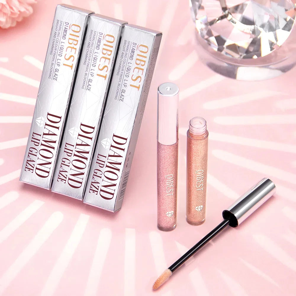 QIBEST diamant brillant à lèvres liquide rouge à lèvres fard à paupières double usage hydratant miroir nacré lèvres glaçure antiadhésive tasse maquillage