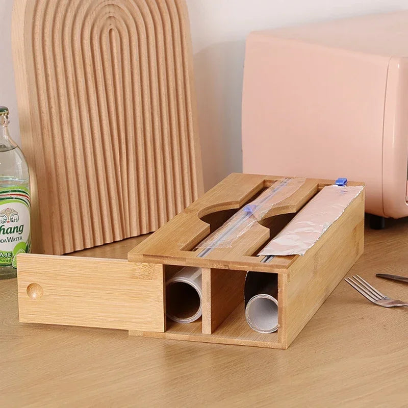 Bamboo Wall Mounted Kitchen Organizer – Cling Film & Foil Cutter Storage Box