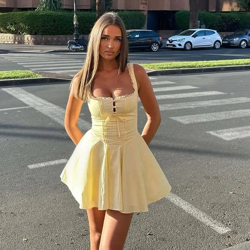 Mini-robe A-line pour femme – Bretelles spaghetti, dentelle décorative, style High Street