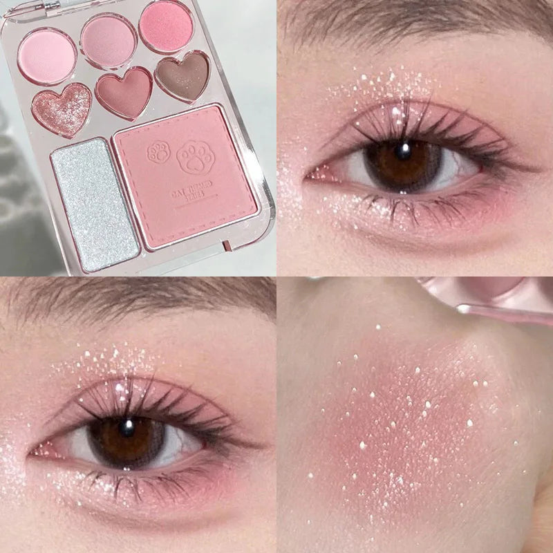 Palette fards à paupières 8 couleurs, rose et orange, blush et highlighter, illuminant, longue tenue, maquillage yeux en forme de cœur