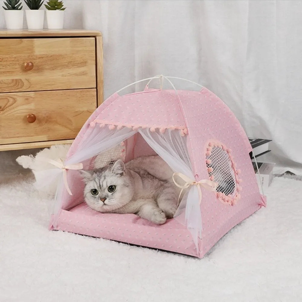 Foldable Princess Pet Bed – Floral Cat & Dog Tent House with Removable Cushion