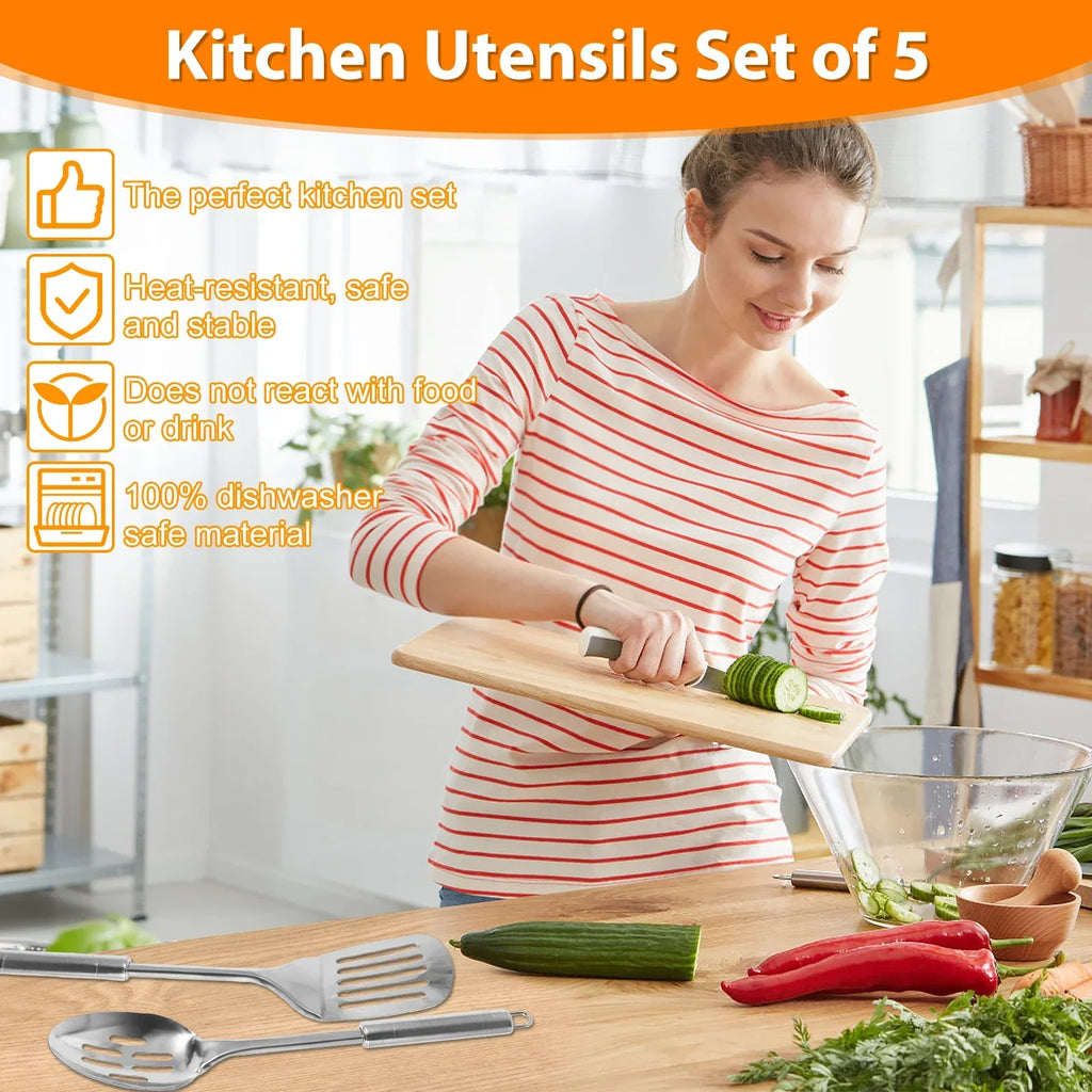 5-Piece Stainless Steel Kitchen Utensil Set – Heavy-Duty Cooking Spoons & Spatulas with Ergonomic Handles