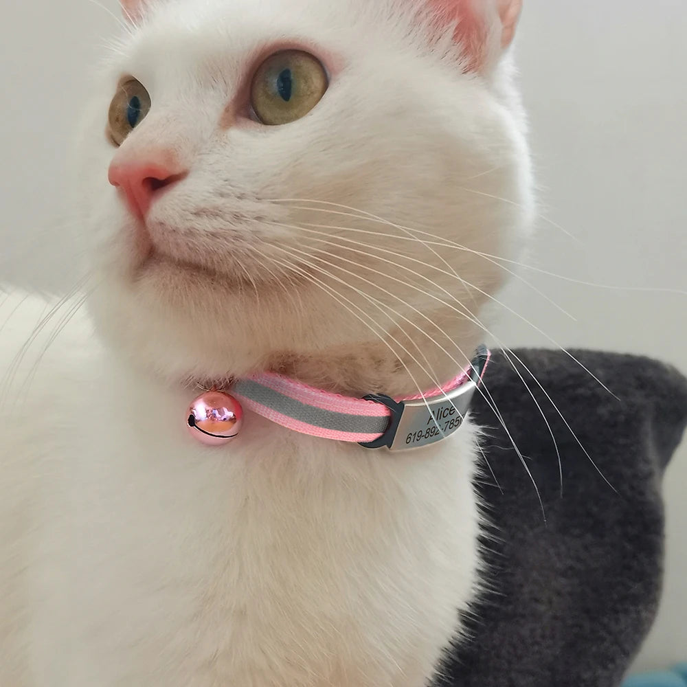 Personalized Reflective Cat Collar with Engraved ID Tag & Bell