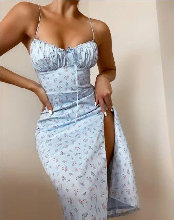 Robe Femme Fleurie – Bretelles Spaghetti, Col Plongeant, Fendue, Slim Fit Été 2025