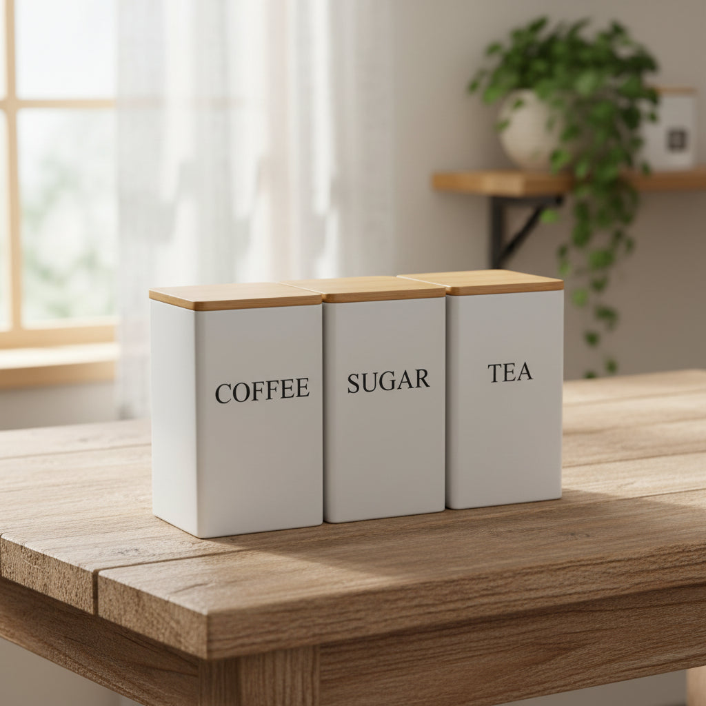Metal Coffee Bean Storage Jar with Bamboo Lid – Tea, Coffee & Sugar Container