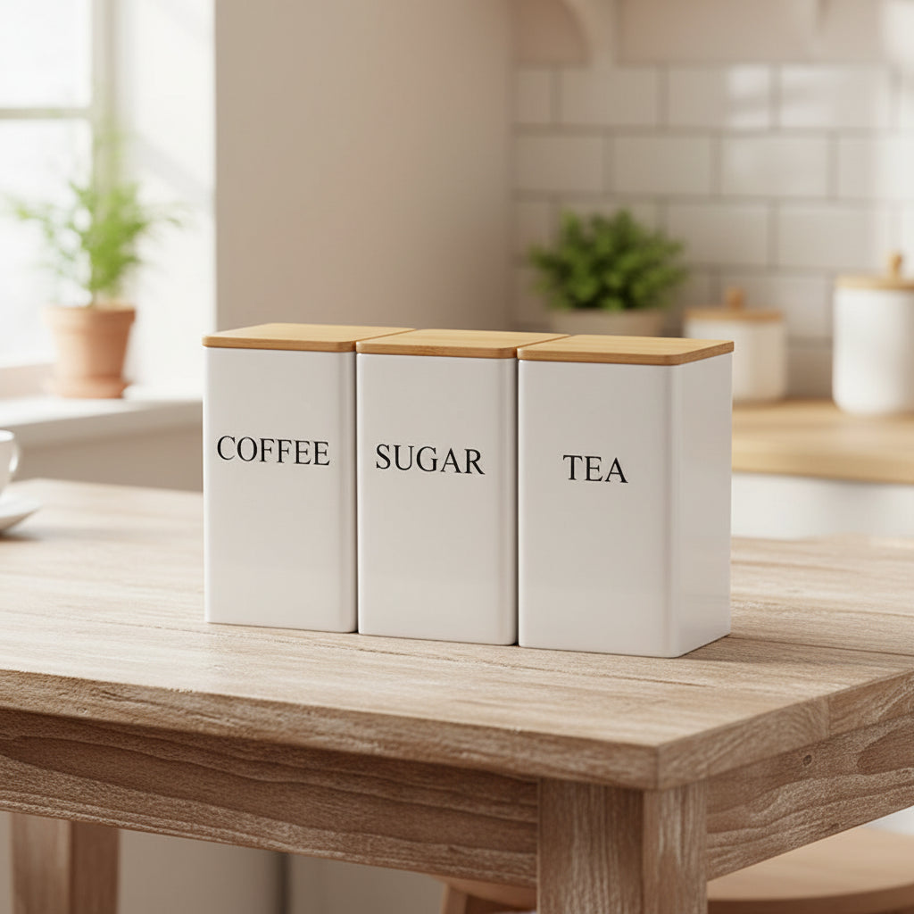 Coffee Bean Storage Jar with Bamboo Lid – Metal Tea & Sugar Container