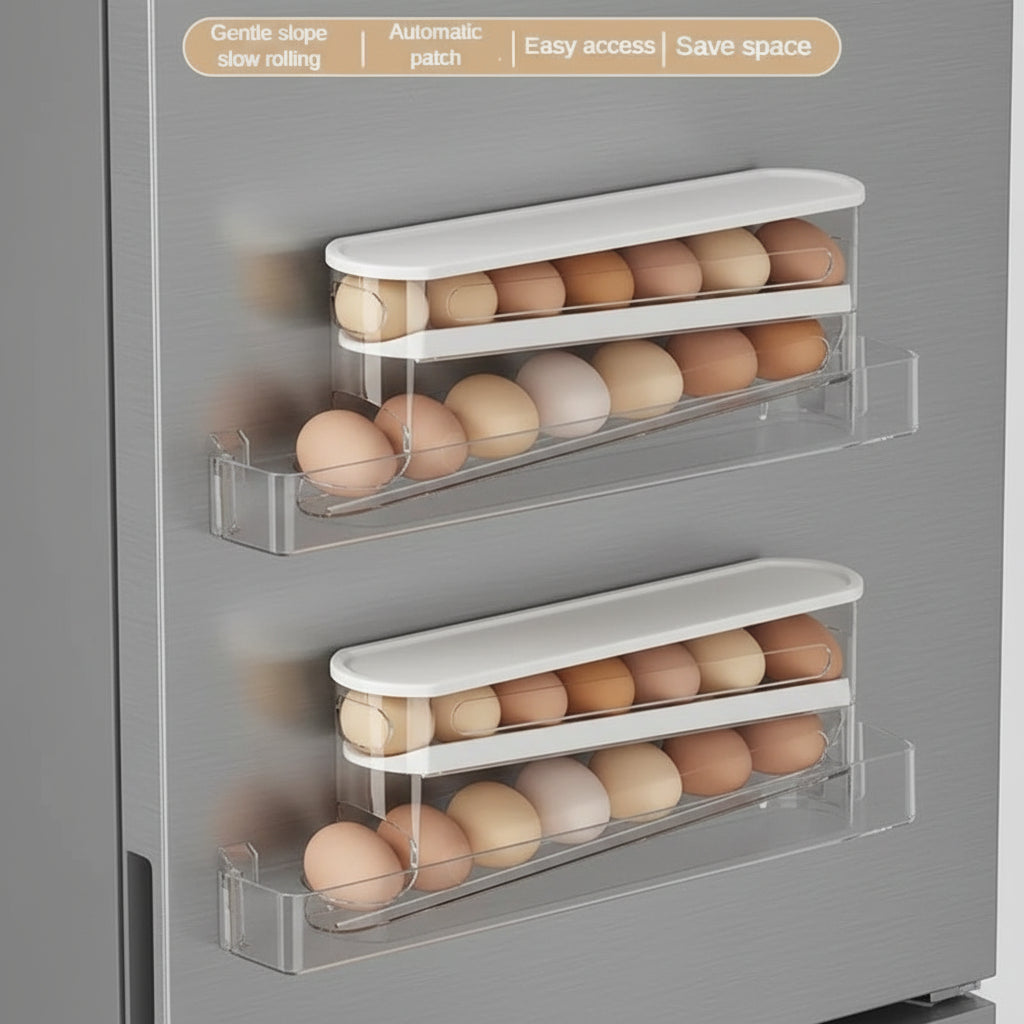 2-Layer Rolling Egg Storage Box – Automatic Refrigerator Egg Organizer