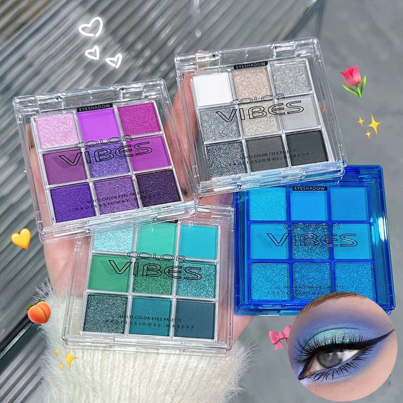 Palette fards à paupières 9 cases – Multicolore, pailleté, nacré et mat, scintillant et longue tenue, maquillage pour femmes