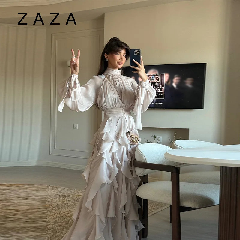 Robe Maxi Femme Brillante – Volants, Coupe A Slim, Manches Longues, Lacets, Élégante pour Soirées et Club, Robe d’Été Luxe