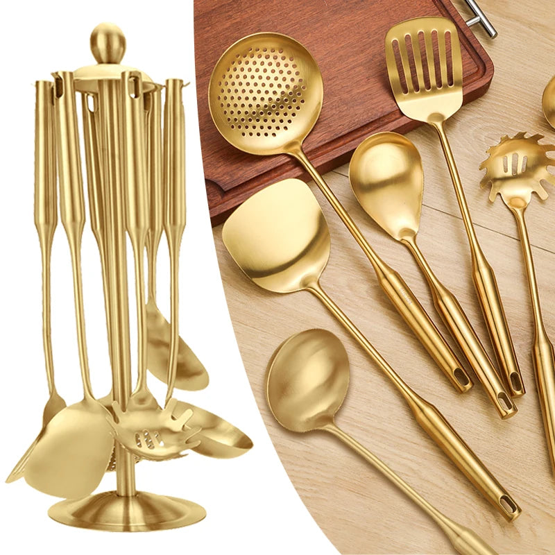 Gold Stainless Steel Soup Spoon Set (1–7 PCS) – Multifunction Noodle, Rice & Hot Pot Serving Spoon