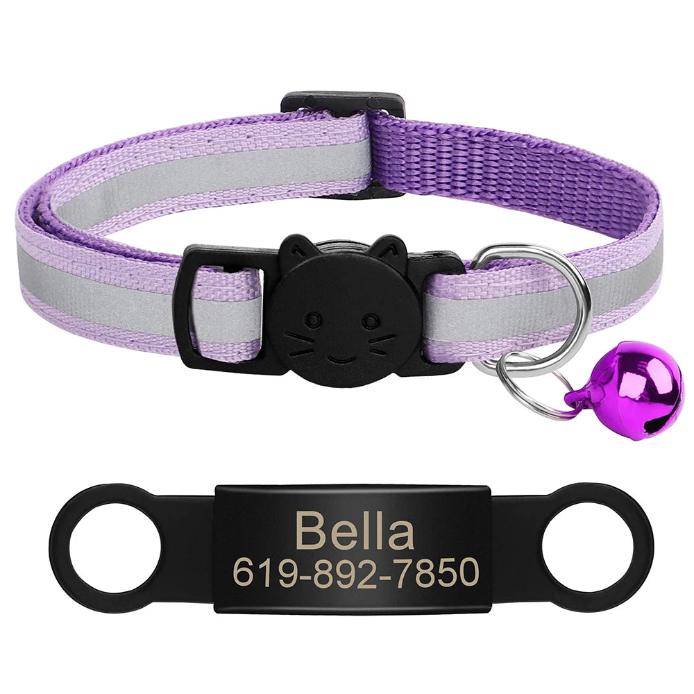 Personalized Reflective Cat Collar with Engraved ID Tag & Bell