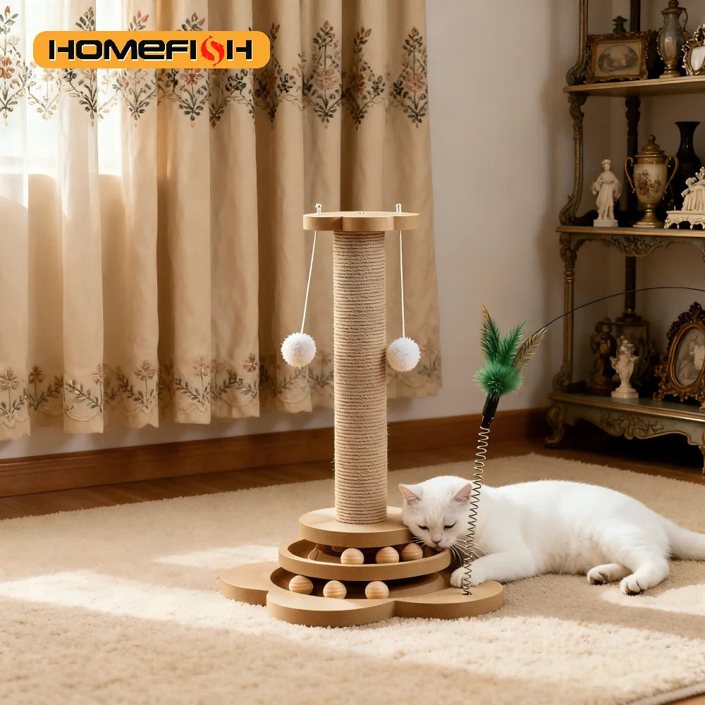 Wooden Interactive Cat Toy – Turntable with Sisal Scratcher & Rolling Balls