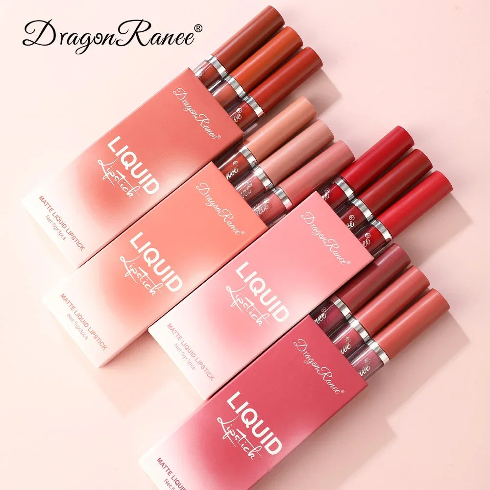 Coffret de 3 rouges à lèvres liquides – Maquillage longue tenue pour femmes | Cosmétiques coréens | Finition mate et imperméable | Couleur durable