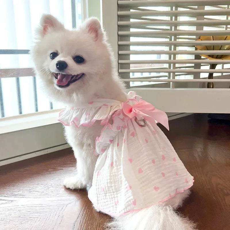 Heart Print Dog Dress with Bow – Cute Summer Princess Outfit for Small Dogs & Cats