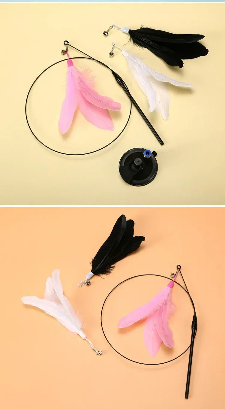 Interactive Suction Cup Feather Cat Wand Toy with Bell