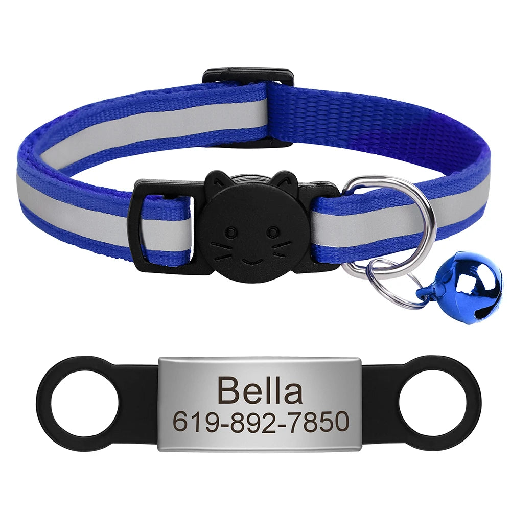 Personalized Reflective Cat Collar with Engraved ID Tag & Bell