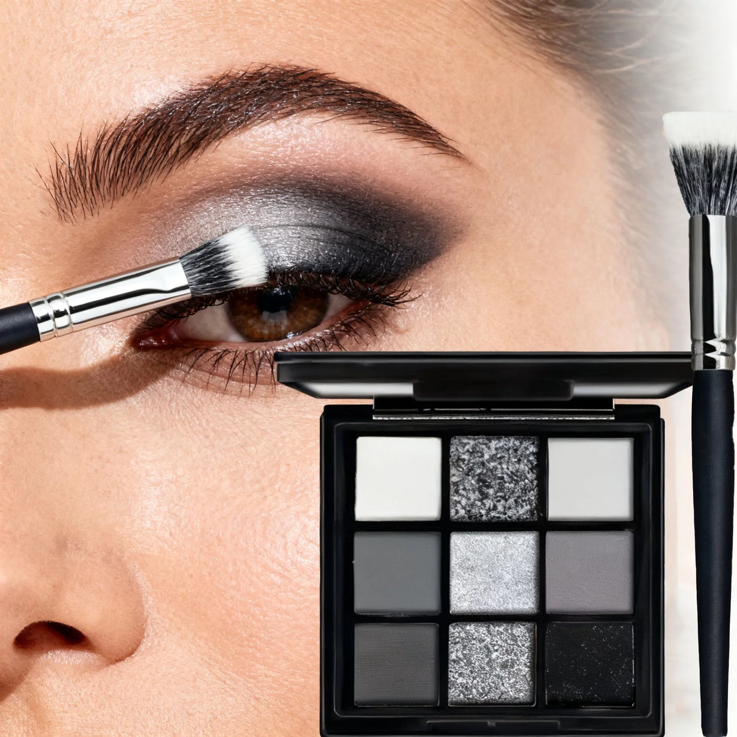 Palette de fards à paupières 9 couleurs avec pinceau – Maquillage smoky gris-rose, fini mat et nacré, effet illuminant soyeux