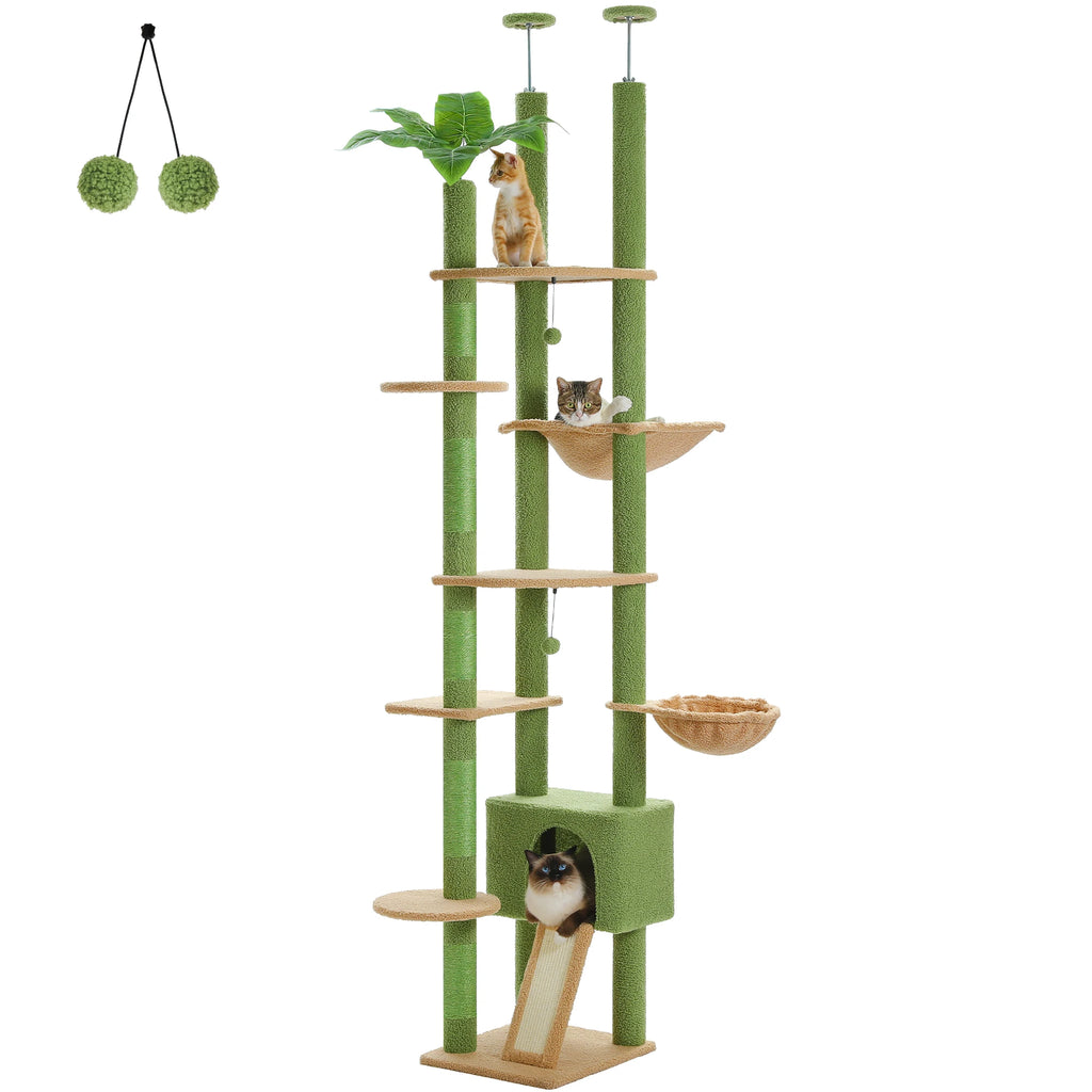 Floor-to-Ceiling Adjustable Wooden Cat Tree – Cat Tower with Hammock & Condo