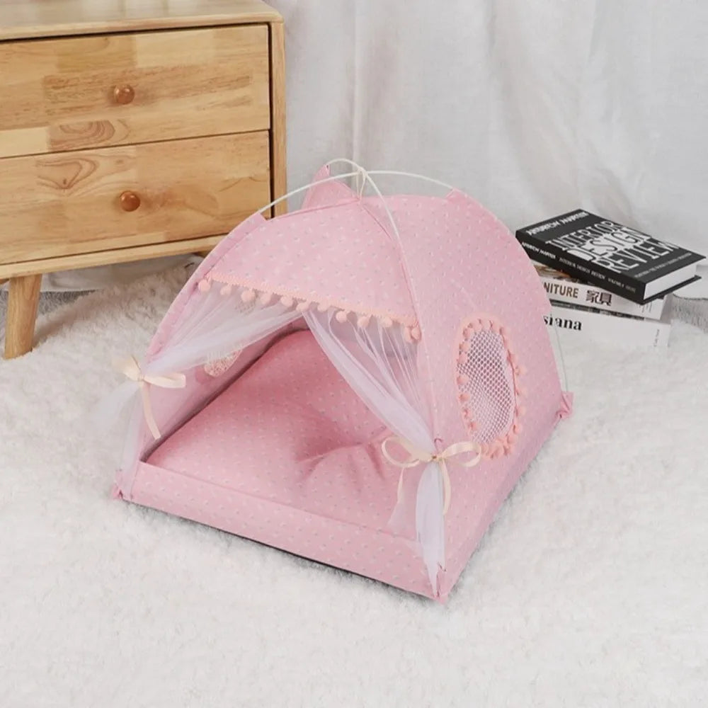 Foldable Princess Pet Bed – Floral Cat & Dog Tent House with Removable Cushion