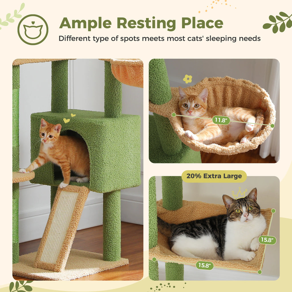 Floor-to-Ceiling Adjustable Wooden Cat Tree – Cat Tower with Hammock & Condo