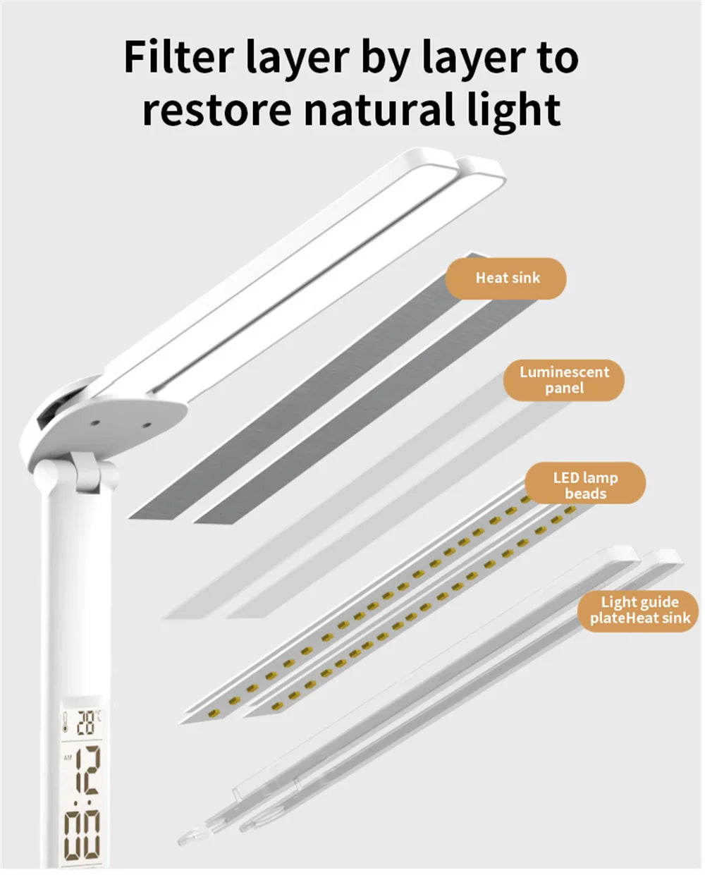 LED Desk Lamp with Clock & Temperature Display – USB Rechargeable Touch Control Reading Light