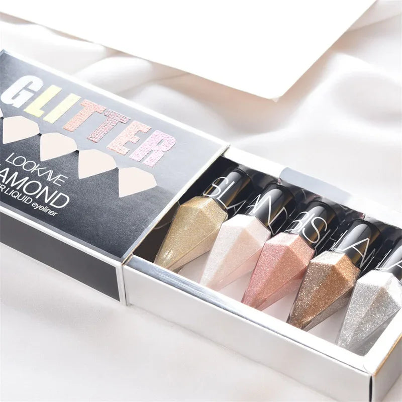 Set 5 pcs Eyeliner Brillant — maquillage professionnel pour femmes, pigments argent et or rose, eyeliner liquide pailleté