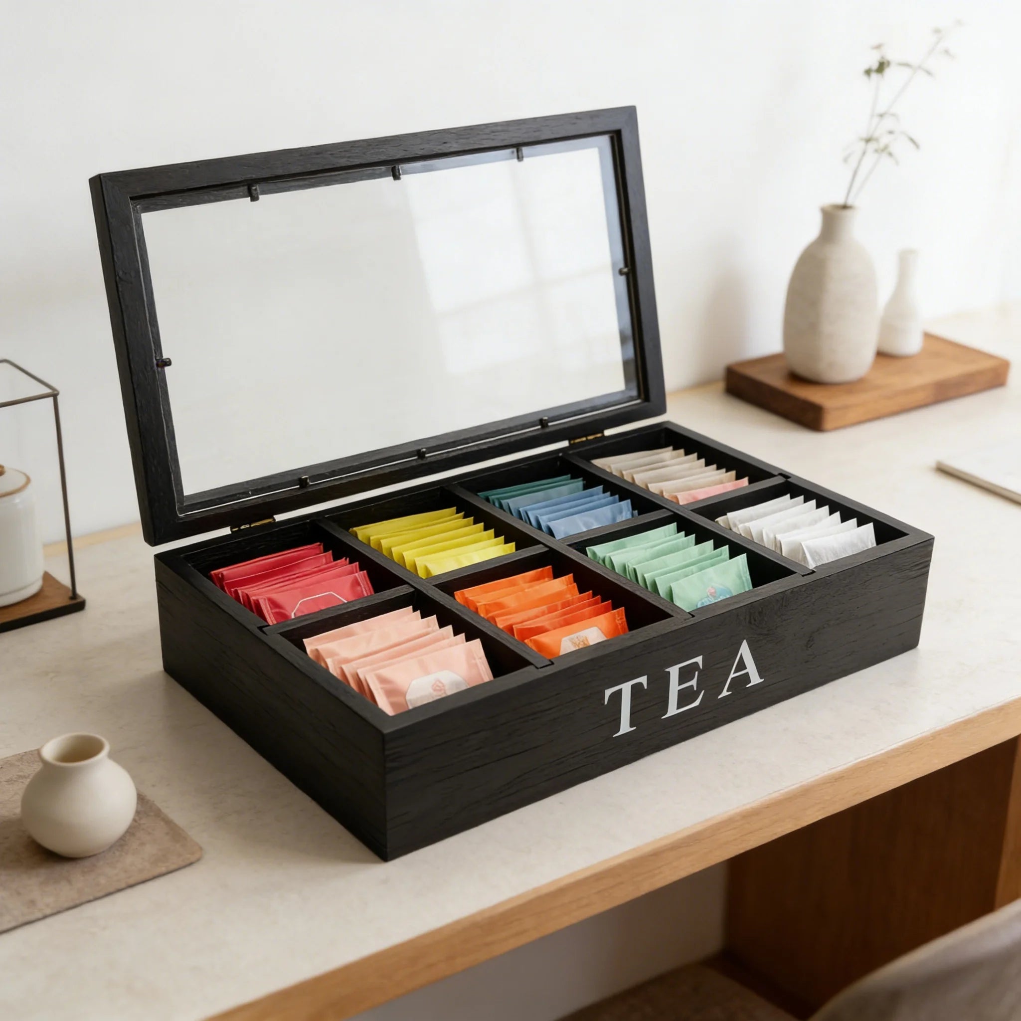 Wooden Tea Bag Storage Box with Clear Lid – 8 Compartment Organizer Case