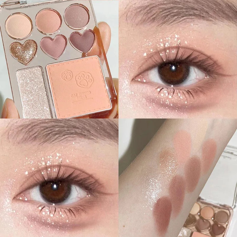 Palette fards à paupières 8 couleurs, rose et orange, blush et highlighter, illuminant, longue tenue, maquillage yeux en forme de cœur
