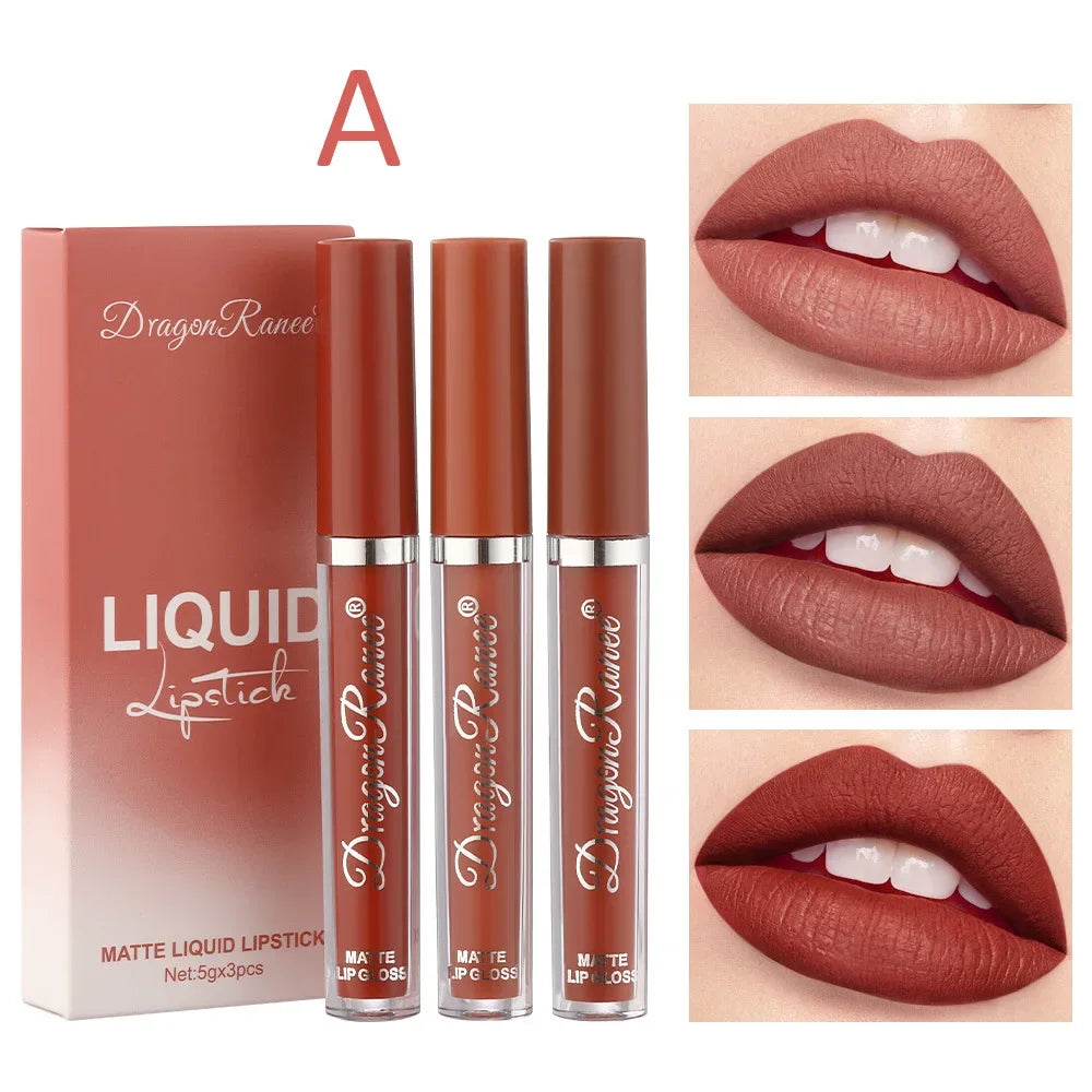 Coffret de 3 rouges à lèvres liquides – Maquillage longue tenue pour femmes | Cosmétiques coréens | Finition mate et imperméable | Couleur durable