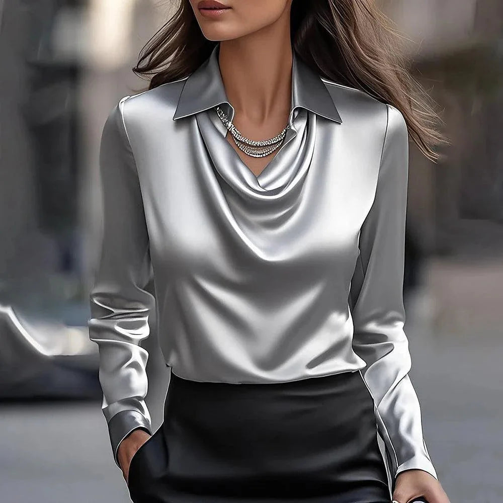 Chemise Élégante en Satin pour Femme  – Blouse à Imprimé Col V, Manches Longues, Coupe Ample, Chic et Décontractée pour le Bureau