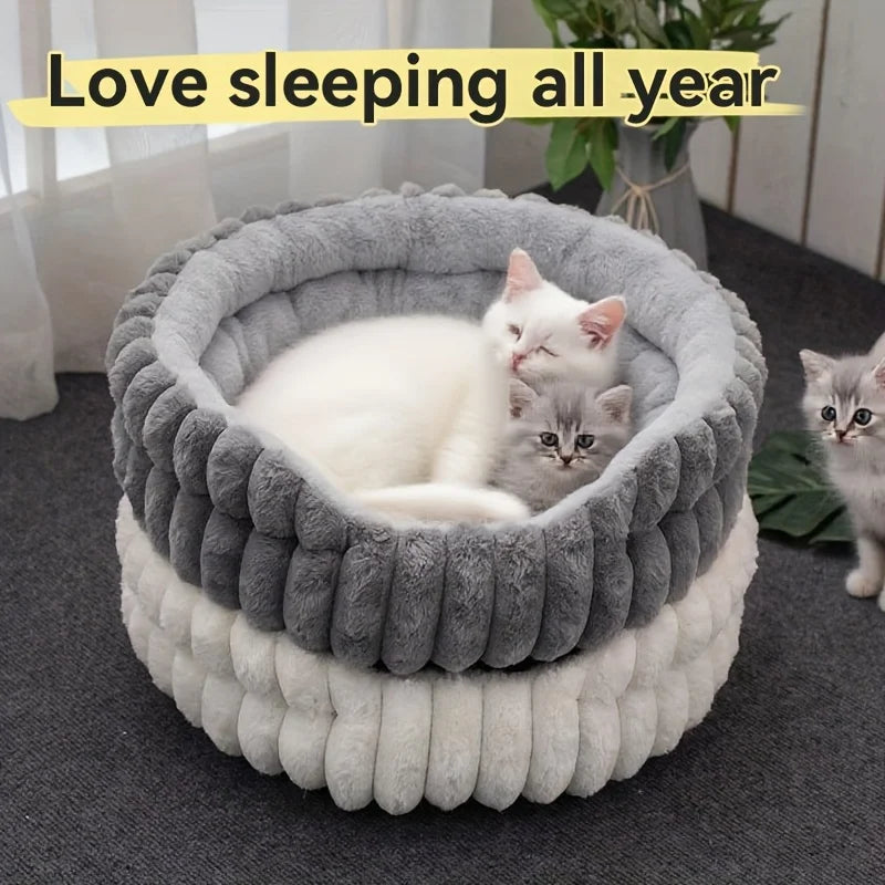 Round Plush Pet Bed – Fluffy Calming Donut Bed for Cats & Small Dogs
