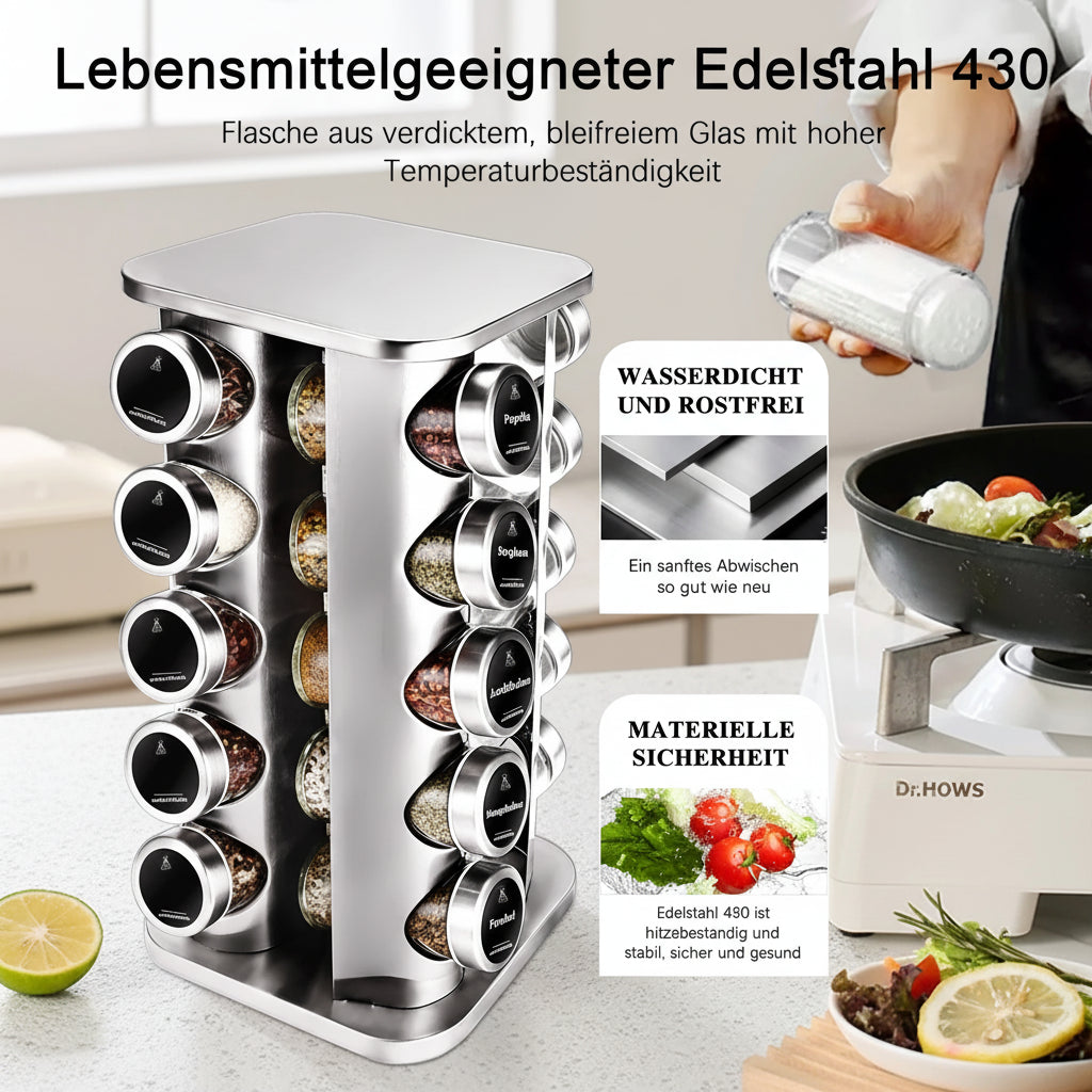 360° Rotating Stainless Steel Spice Rack with 20 Glass Jars – Kitchen Organizer Set