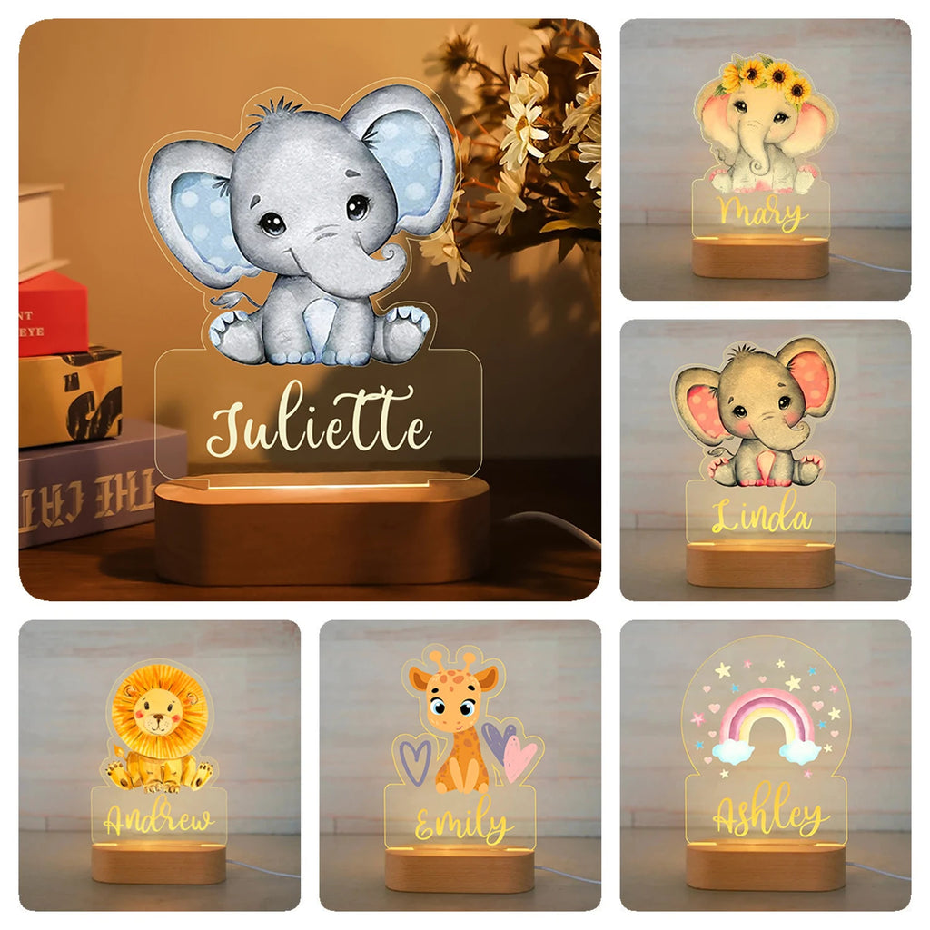 Personalized Animal Night Light with Custom Name – Acrylic LED Lamp for Kids' Bedrooms
