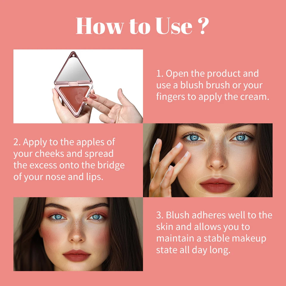 Blush crème triangulaire – Crème matte non grasse, facile à appliquer – Haute saturation de couleur, fini naturel rosé
