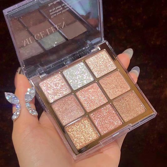 Palette fards à paupières 9 couleurs, paillettes, tons rose et or, finis métalliques, mats et scintillants, haute pigmentation, longue tenue, facile à estomper