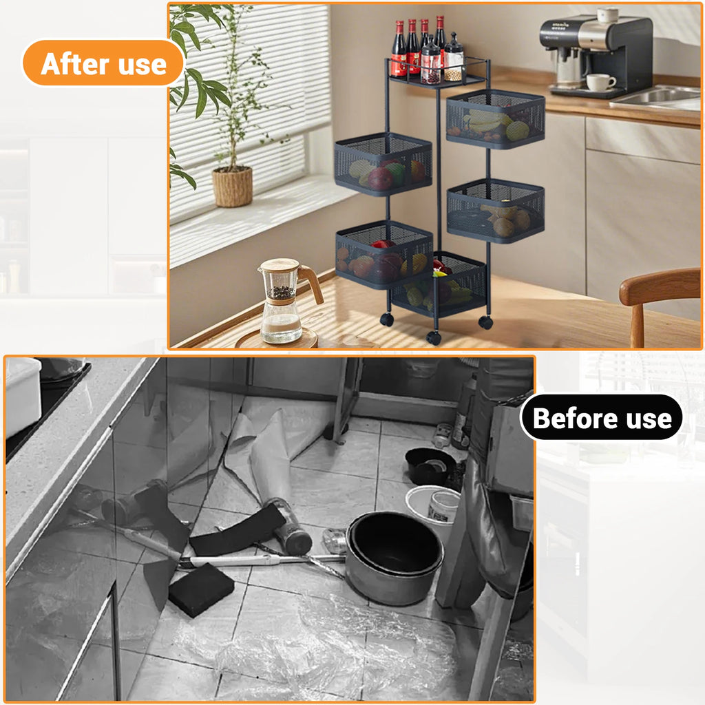5-Tier Rotating Storage Rack with Wheels – Rolling Kitchen Organizer Basket Shelf