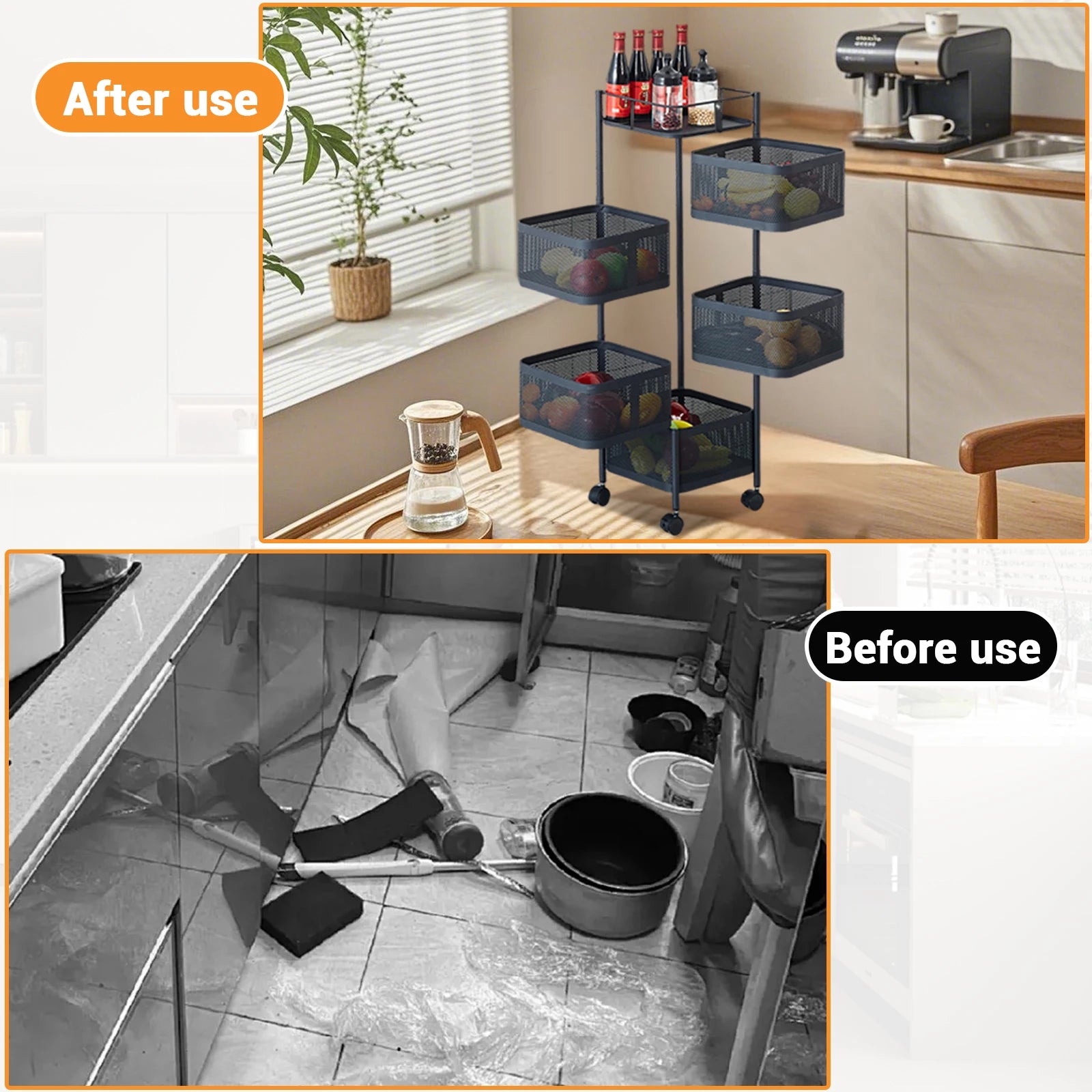 5-Tier Rotating Storage Rack with Wheels – Rolling Kitchen Organizer Basket Shelf