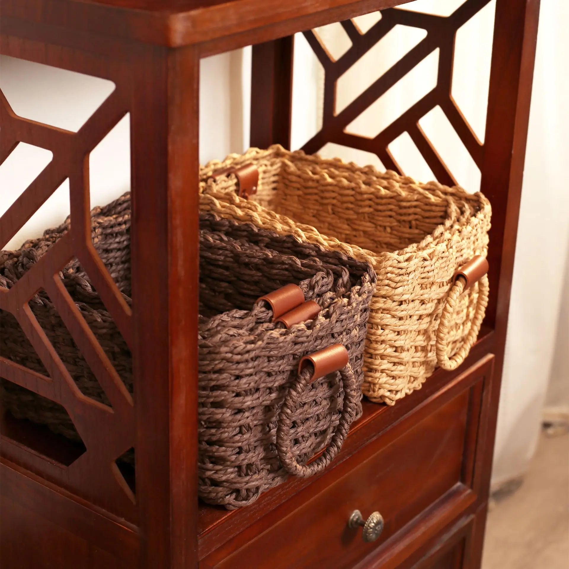3PCS Woven Storage Basket Set – Decorative Rope Organizer Baskets with Handles
