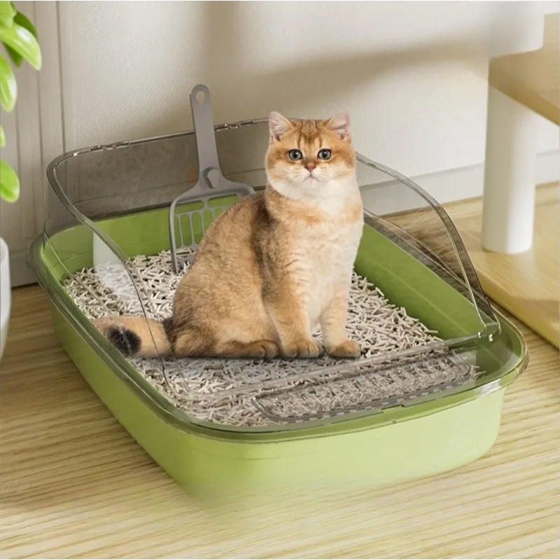 Semi-Covered Cat Litter Box – Anti-Tracking Pet Toilet with Scoop
