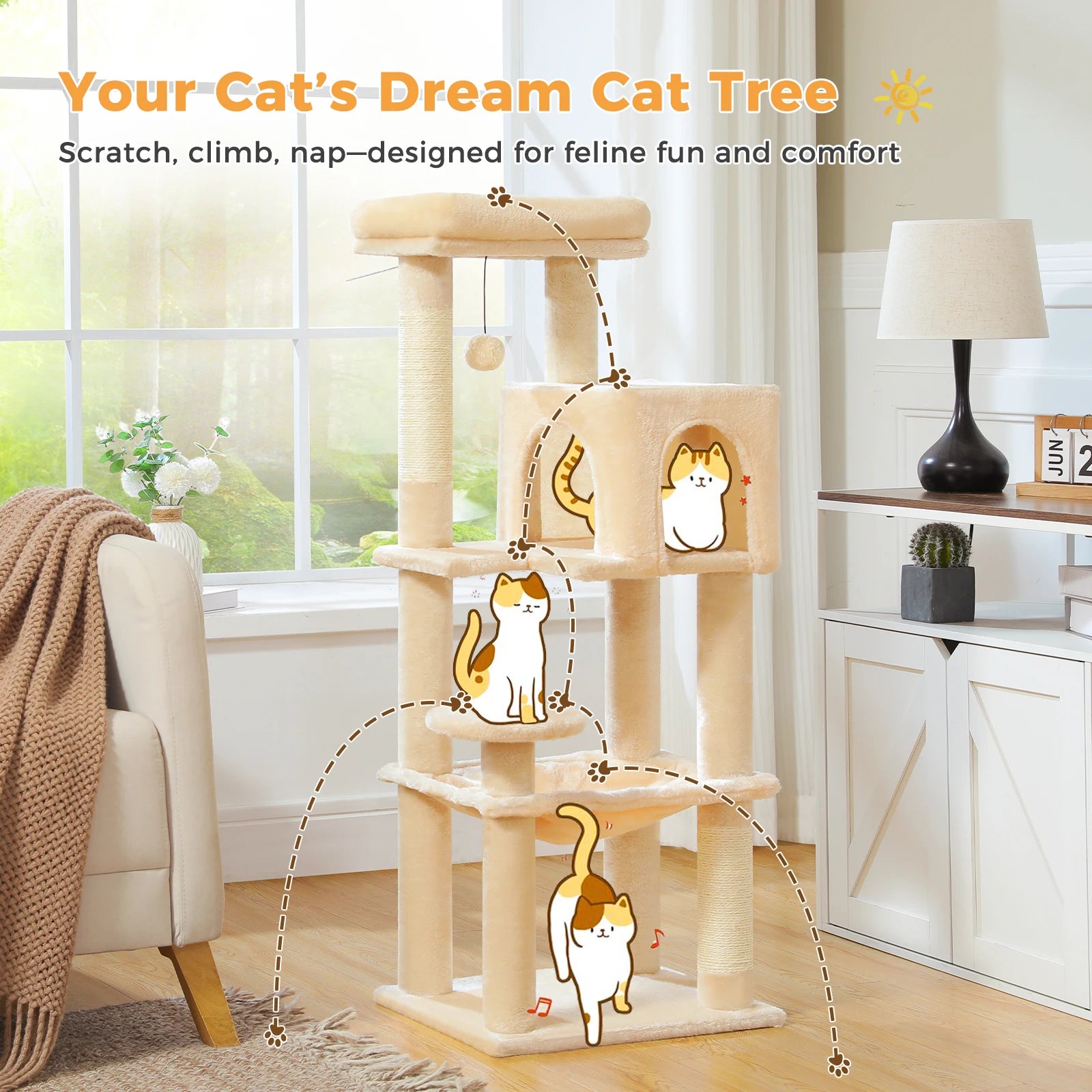 Multi-Level Cat Tree Tower – Cat Condo, Hammock & Scratching Activity Center