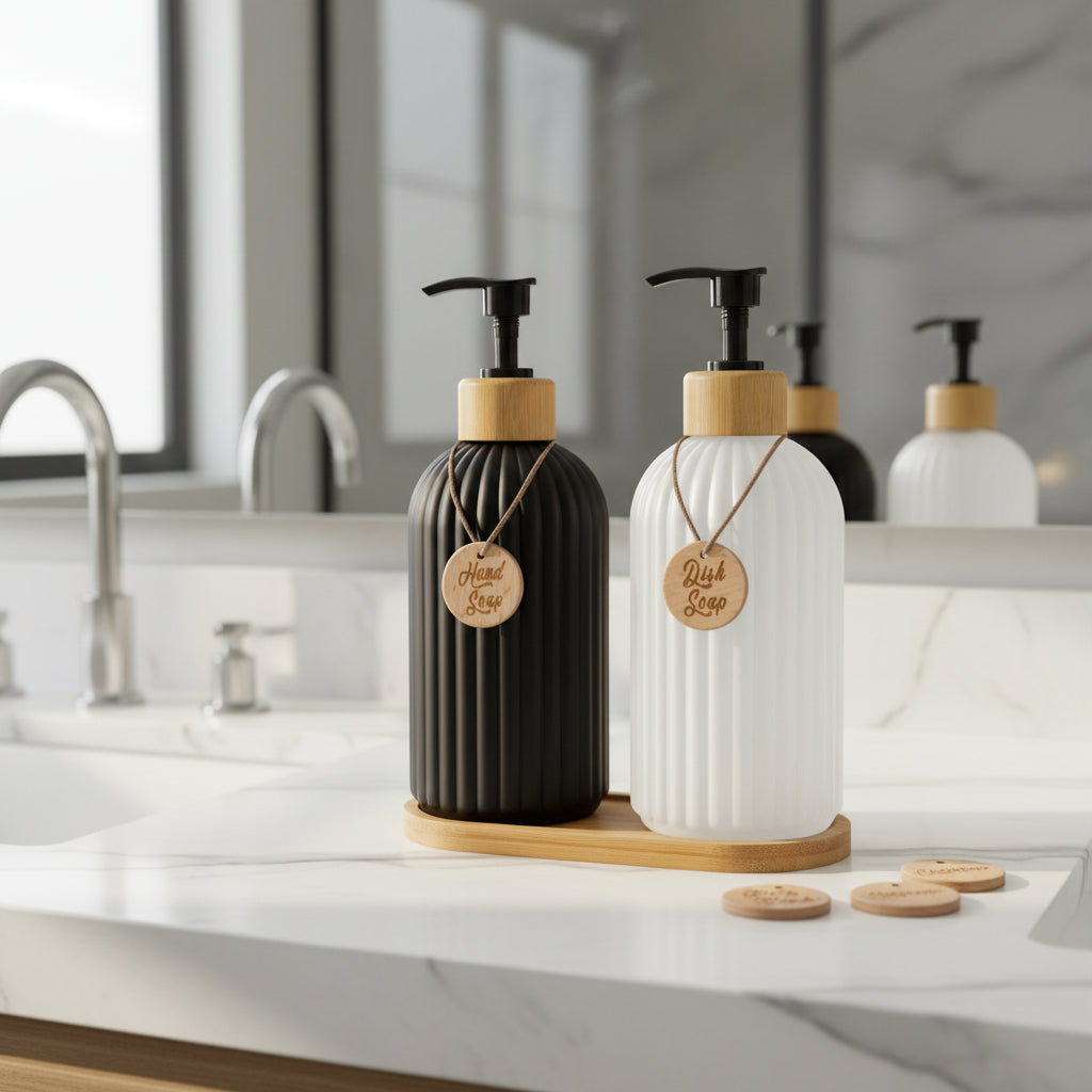 Striped Soap Dispenser with Bamboo Pump – Refillable Kitchen & Bathroom Bottle