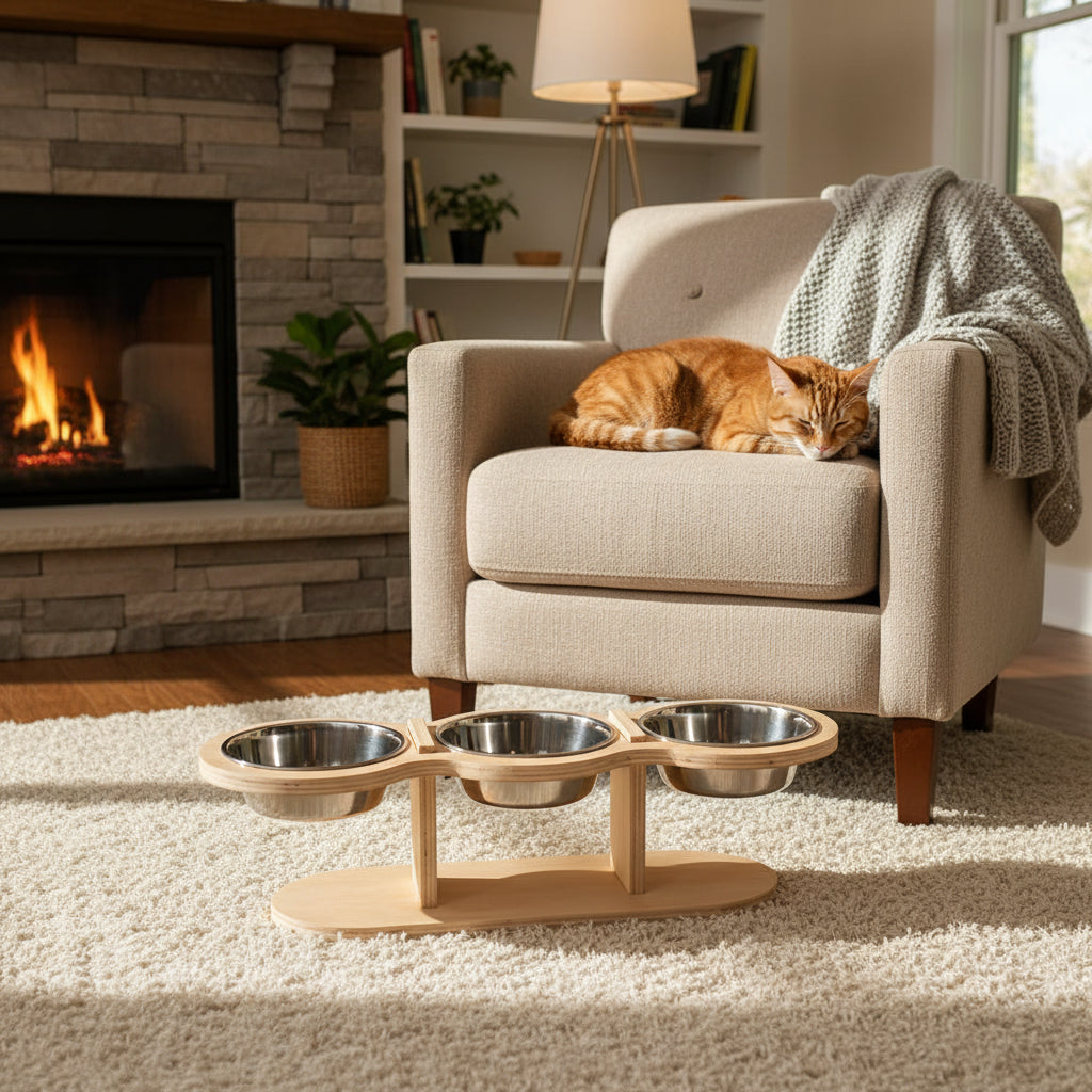 Elevated Wooden Pet Feeder with 3 Stainless Steel Bowls – Food & Water Station