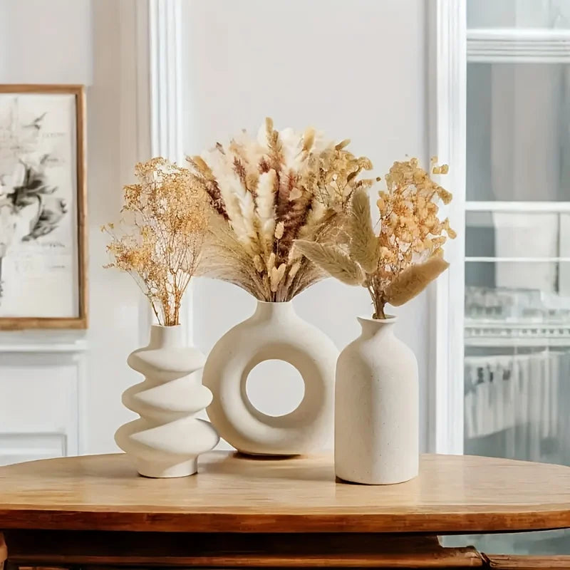 3-Piece White Boho Ceramic Vase Set – Decorative Vases for Home & Wedding Decor