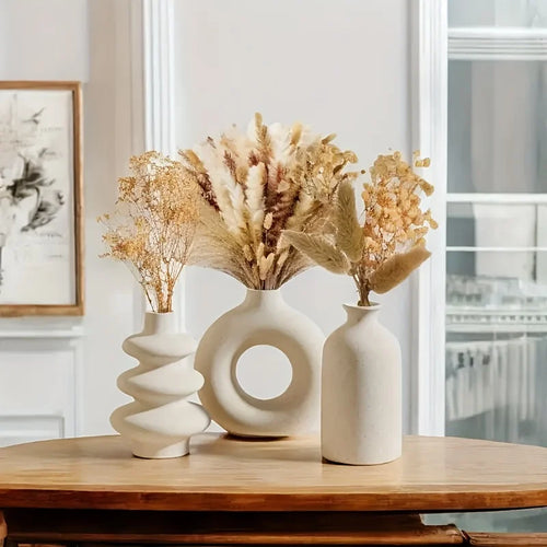 3-Piece White Boho Ceramic Vase Set – Decorative Vases for Home & Wedding Decor