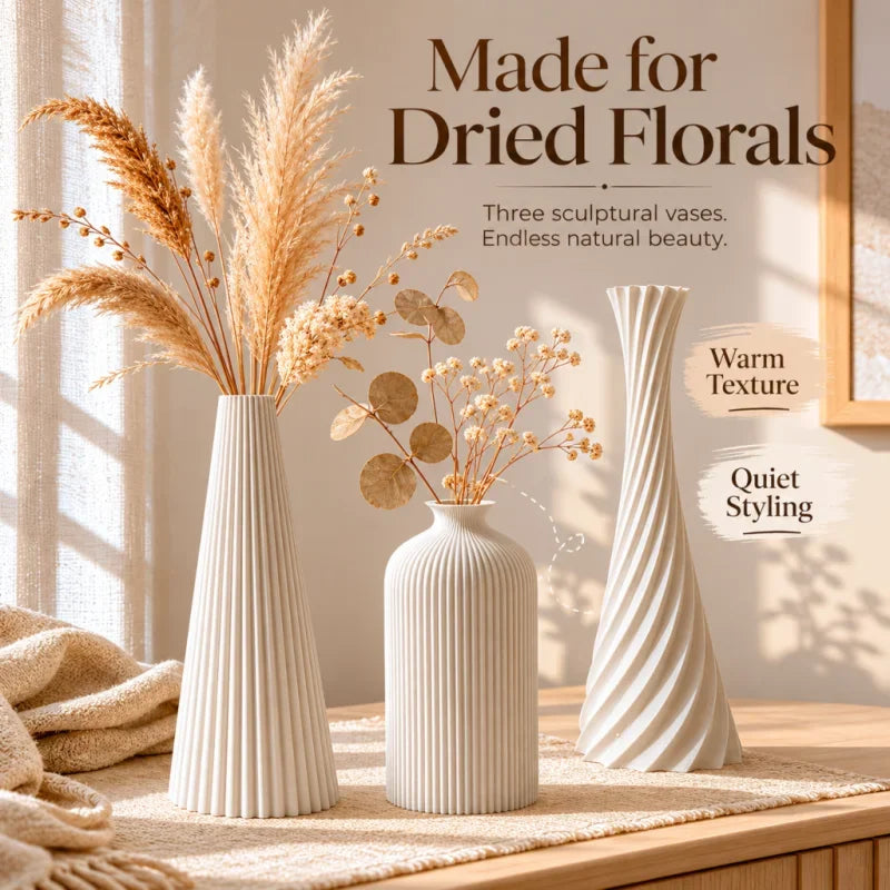 3-Piece Wabi-Sabi Ribbed Vase Set – Matte Off-White Decorative Vases for Home Decor