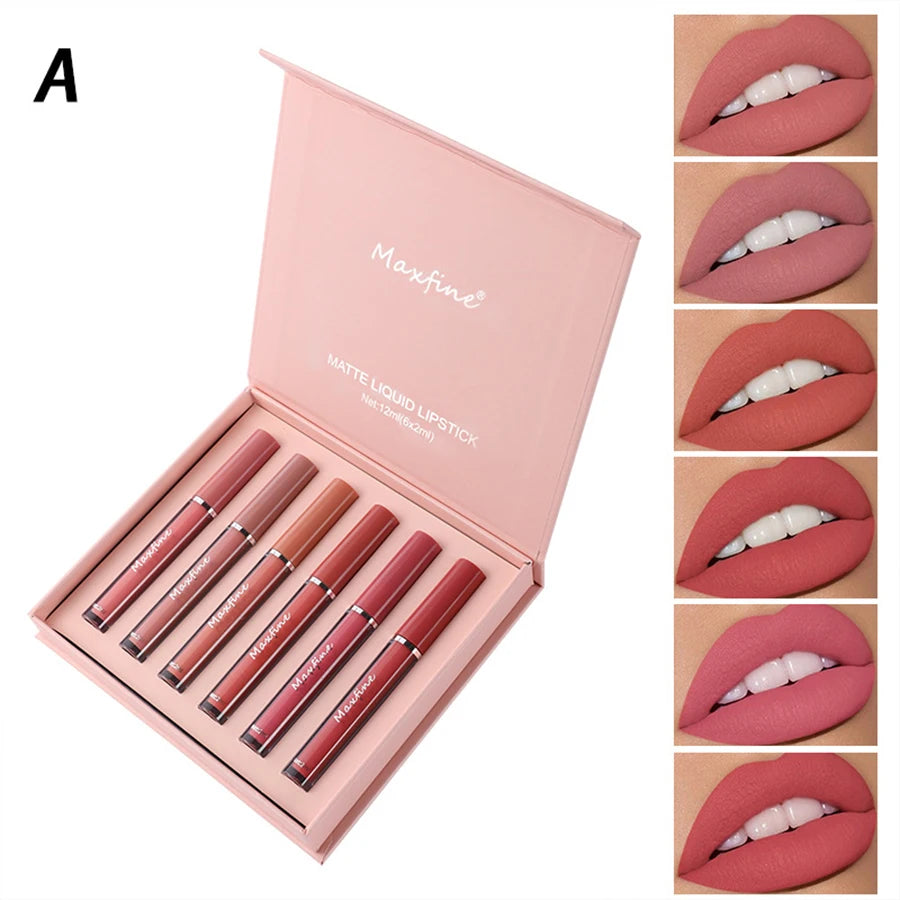 Coffret cadeau 6 pièces — Rouge à lèvres liquide mat velours | Waterproof et hydratant | Tenue longue durée | Gloss élégant pour maquillage lèvres parfait
